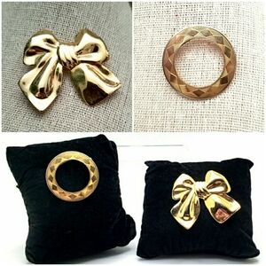 80s Vintage Brooch Pin Lot Gold Tone Etched Diamond Pattern Circle 3D Bow BhL3